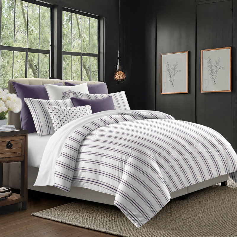 August Stripe Reversible Cotton Duvet Cover Set, Eggplant, Cal.King Duvet Cover + 2 King Shams