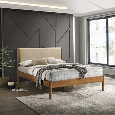 Lit plateforme en bois d'hévéa clair noyer clair Vichy