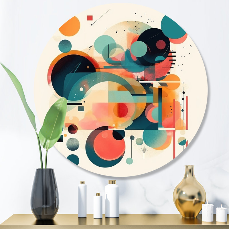 Orange et bleu, espace contemplatif VI - Minimalisme abstrait, art mural rond sur métal, H 16 po x l 16 po x P 1 po