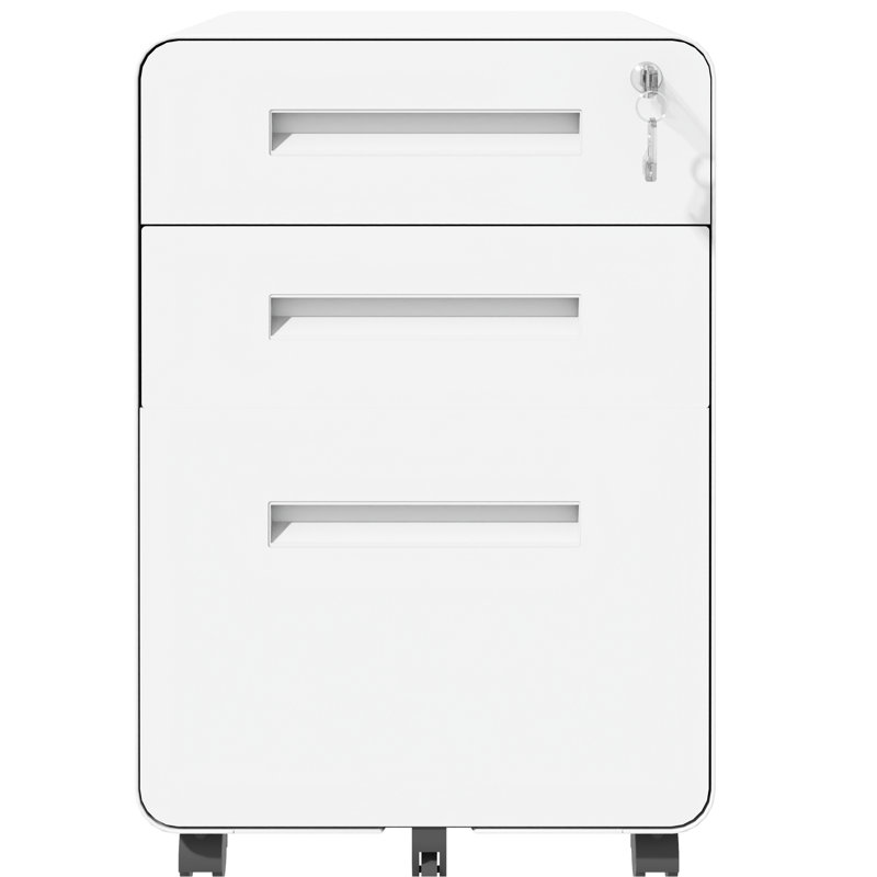 Classeur mobile blanc à 3 tiroirs avec serrure et, entièrement assemblé pour l'organisation du bureau, permet de ranger des dossiers de format A4 / lettre, fonction de verrouillage, grand espace intérieur à 3 tiroirs, serrure, métal, sur le bureau, pour la sécurité
