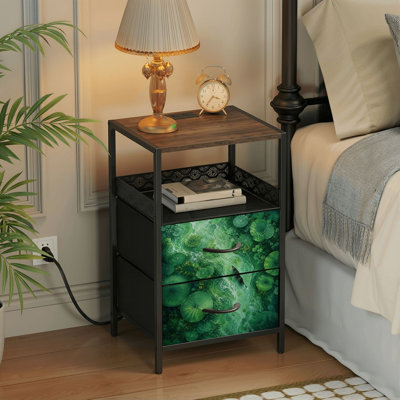 Nightstand with Charging Station, 2 Drawer Bedside Table with USB Ports and Outlets, Open Shelf, Black Night Stand for Bedroom Living Room Green River Lotus Leaves Small Boat Print