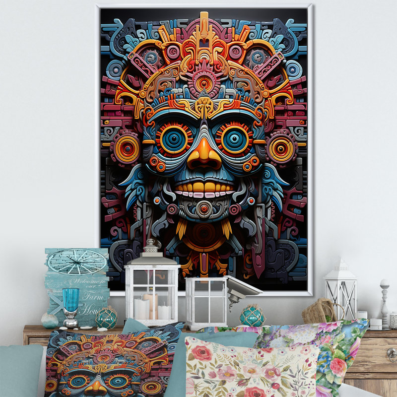 «Albali Teal Orange Mexico Vibrant Aztec Mask», art mural Mexique encadré, H 20 po x l 12 po, Cadre flottant blanc