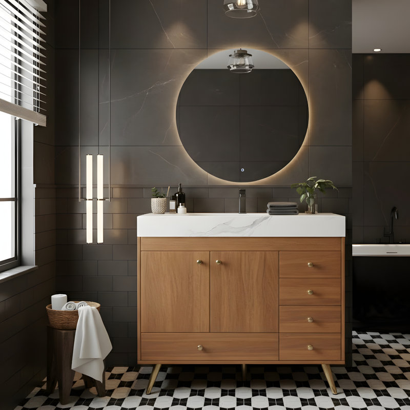 Meuble-lavabo autoportant de 36 pouces avec 5 tiroirs, Brun, Blanc