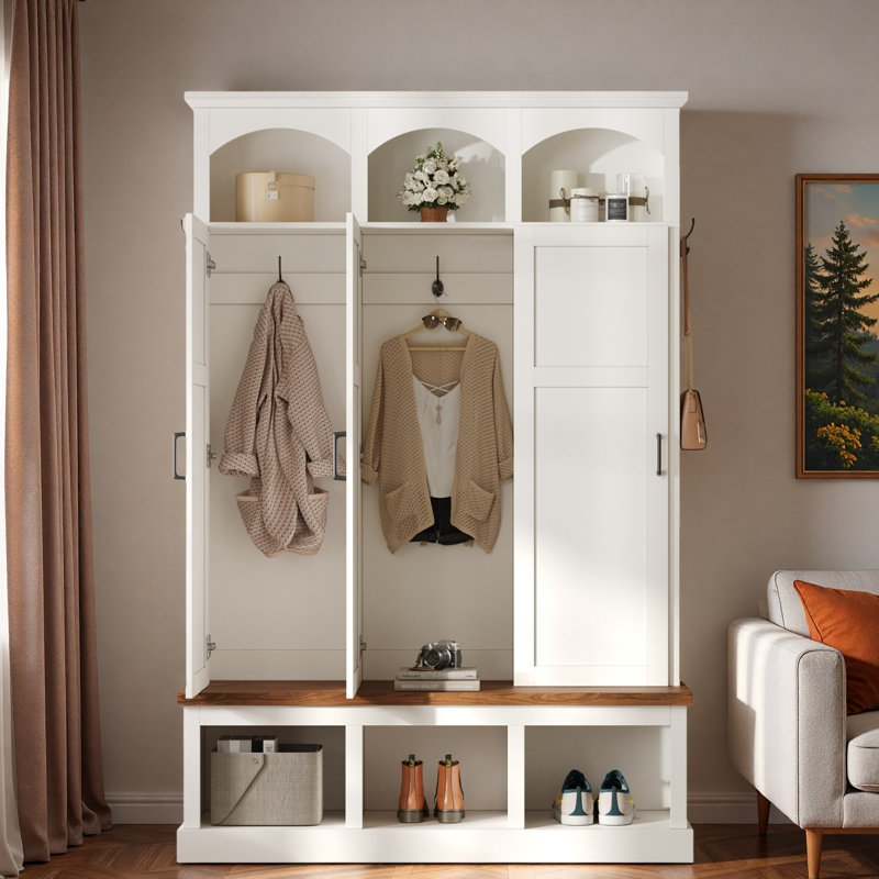 Farmhouse Arched Design Hall Tree With 3 Hidden Storage, 5 Hooks, Compartments Amd Bench, White