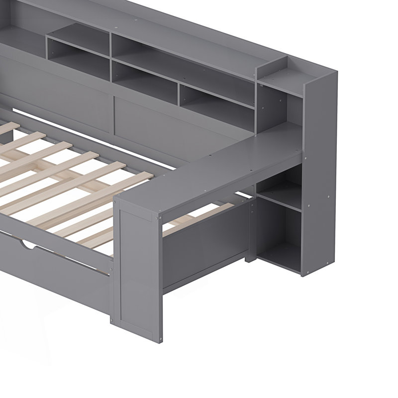 Lit de jour avec tablettes de rangement, lit multifonctionnel avec lit gigogne simple et bureau d'étude, Lit simple