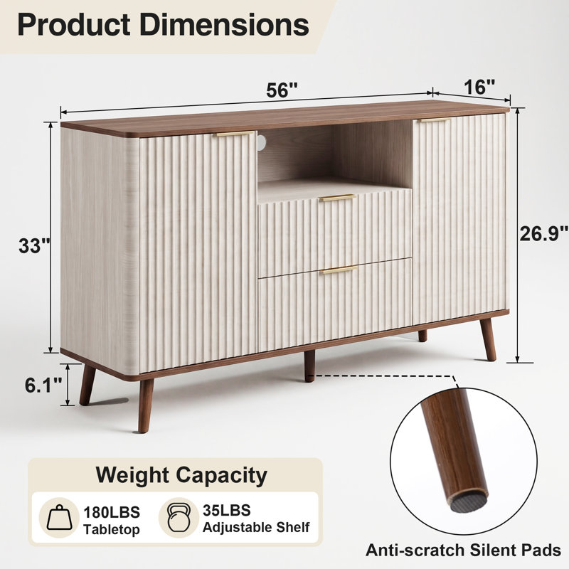   Mid-century Modern Fluted Tv Console – 2-door 2-drawer With Rgb Led Tape Lights, Two-tone White & Walnut, 55.1”w X 15.7”d X 33.5”h, Anti-tip Kit Included
