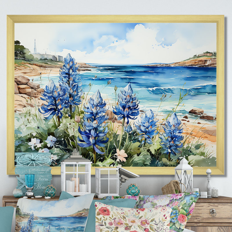 «Blue Bonnets On The Beach I», reproduction d'art sur toile, Or, H 16 po x l 32 po x P 1 po