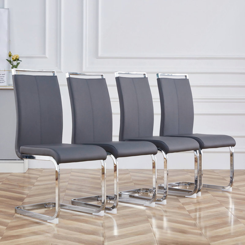 Set of 4 Modern Faux Leather Cantilever Dining Chairs with Vertical Stitching and Metal Base , Dark Gray