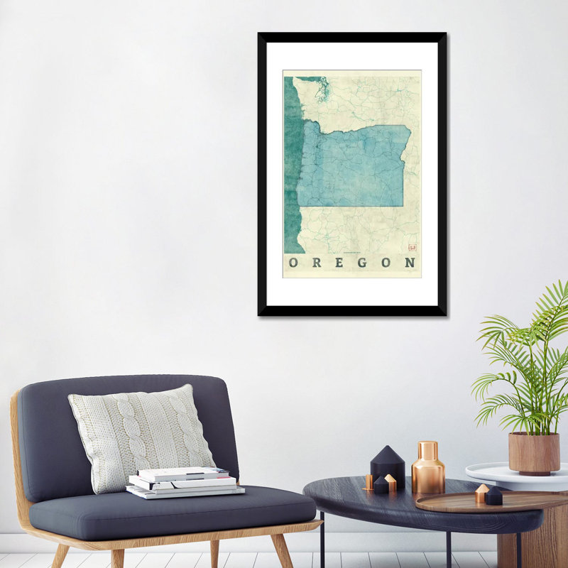 «Oregon Map», impression sur toile, H 24 po x l 16 po x P 1 po, Papier d'art encadré noir, Blanc