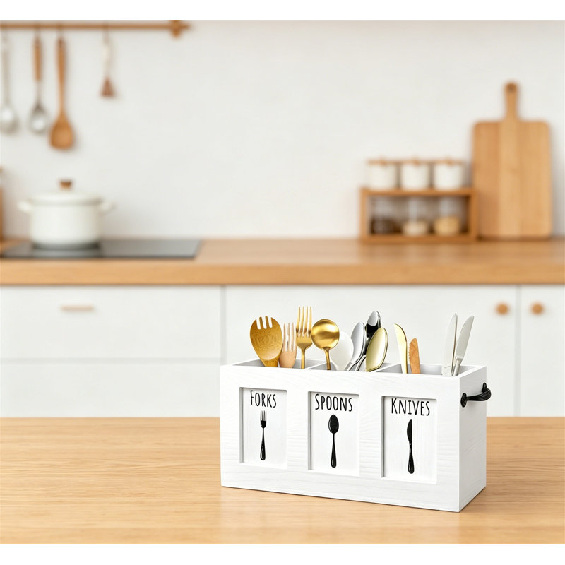 Porte-couverts en bois pour ustensiles rustique, White