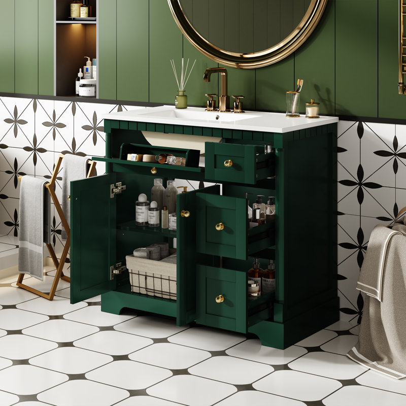  Meuble-lavabo 36 po avec lavabo, armoire de rangement moderne avec tablette réglable et tiroirs, vert