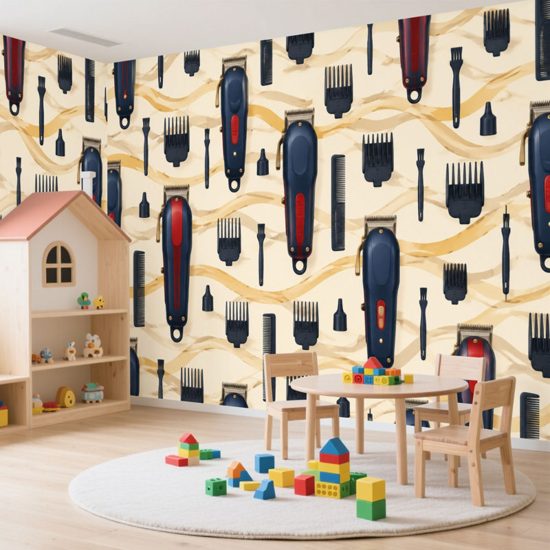 Papier peint adhésif auto-adhésif moderne pour la chambre à coucher, avec outils de toilettage bleu et rouge
