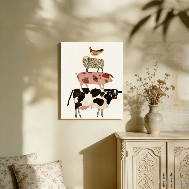 Cow Sheep Pig And Chicken Barnyard Buds Stacked Farm Animals, Unframed Wall Art, 36"L X 24"W