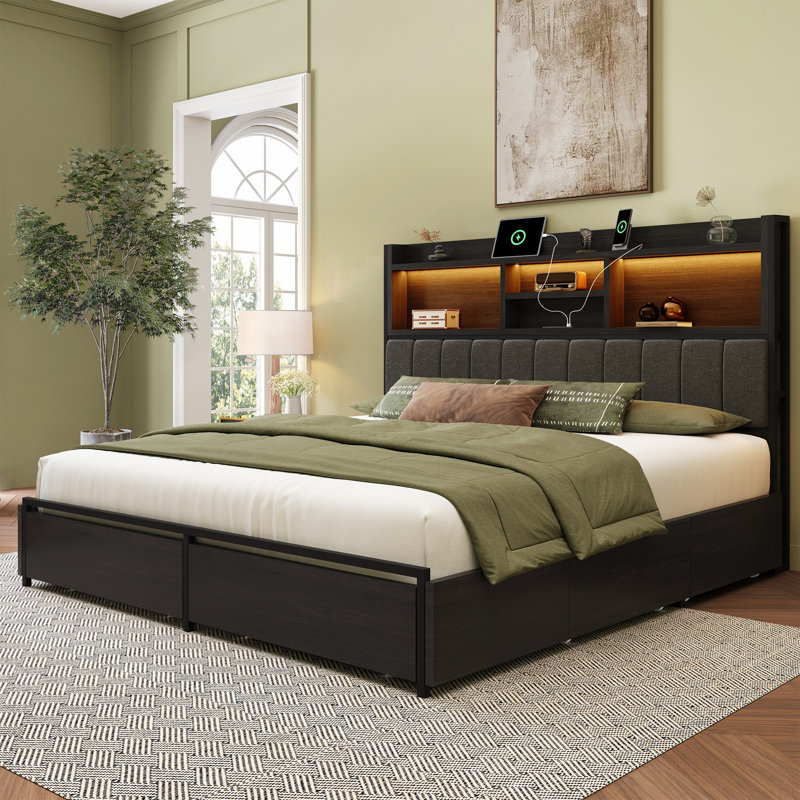 Bed Frame With 6 Storage Drawers, Linen Upholstered Headboard, Built In Charging Station And Led, Black, King