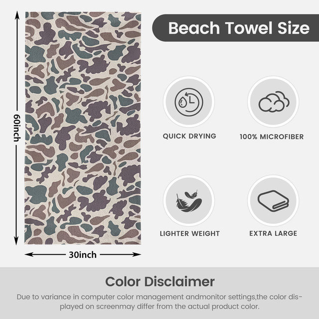  Serviette de plage légère en microfibre, absorbante sans décoloration, 30 po x 60 po, camouflage neutre