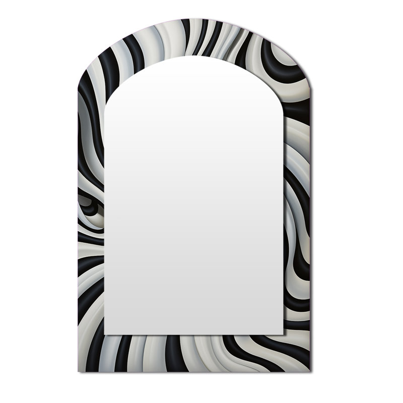 Black White Optical Art Dream III - Op Art Arch Mirror, Black Asymmetrical Unique Wall Mirror, Printed Metal Art, 43" x 33"