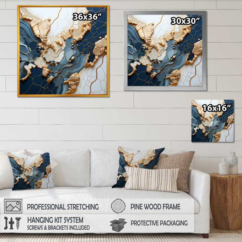 «Blue and Gold Marble River III», art mural abstrait à encre liquide, Toile tendue, H 30 po x l 30 po