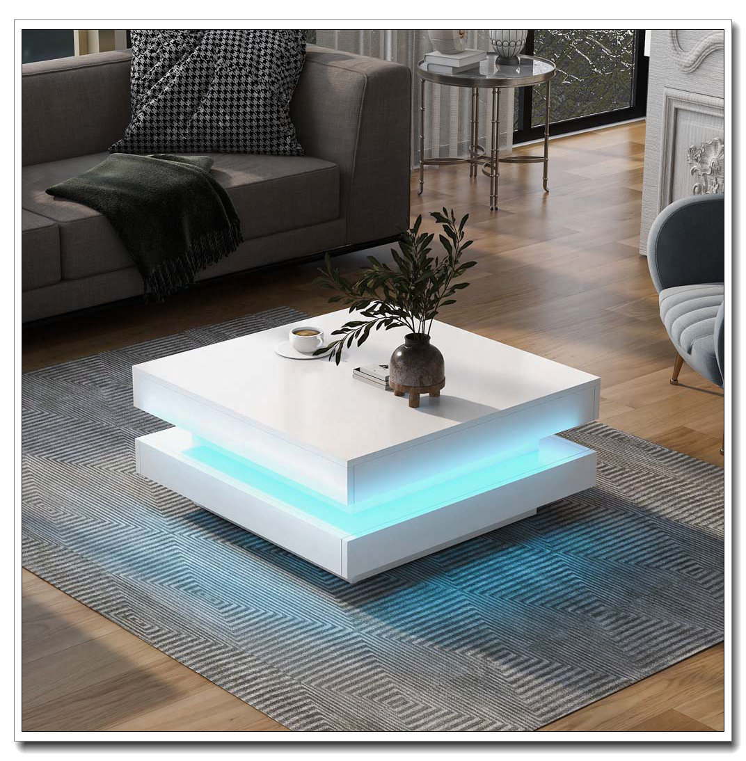 High Gloss Minimalist LED 2-Tier Square Coffee Table - White