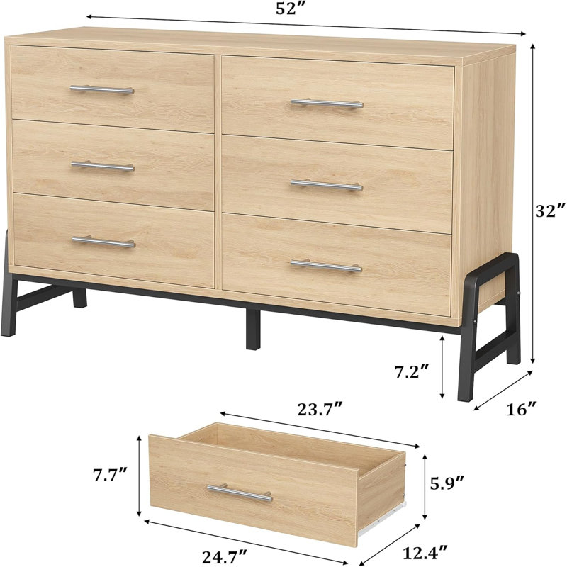 Commode de rangement autoportante en bois à 6 tiroirs de 52 pouces de largeur, Jaune