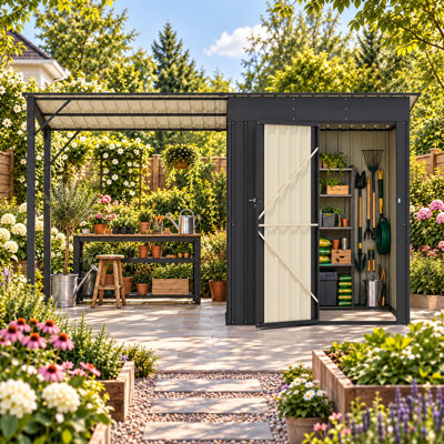 10 ft. W x 3 ft. D Outdoor Storage Shed with Hardtop Gazebo, 2-in-1 Lean-To Shed & Pergola, Black