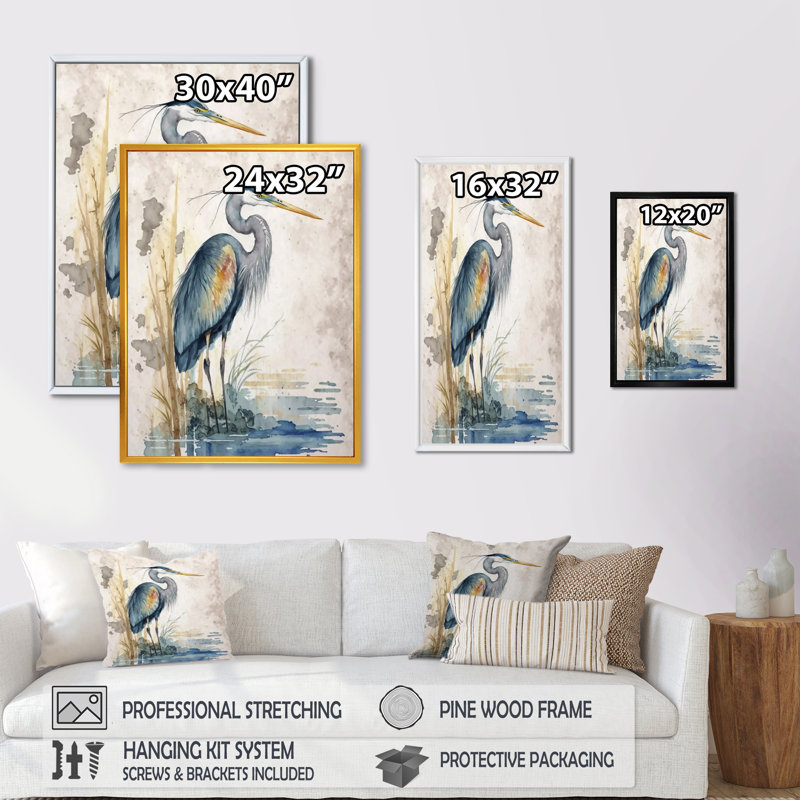 «Whylie Heron By The Waterside Watercolor I», reproduction d'art sur toile, H 40 po x l 30 po, Toile avec cadre flottant