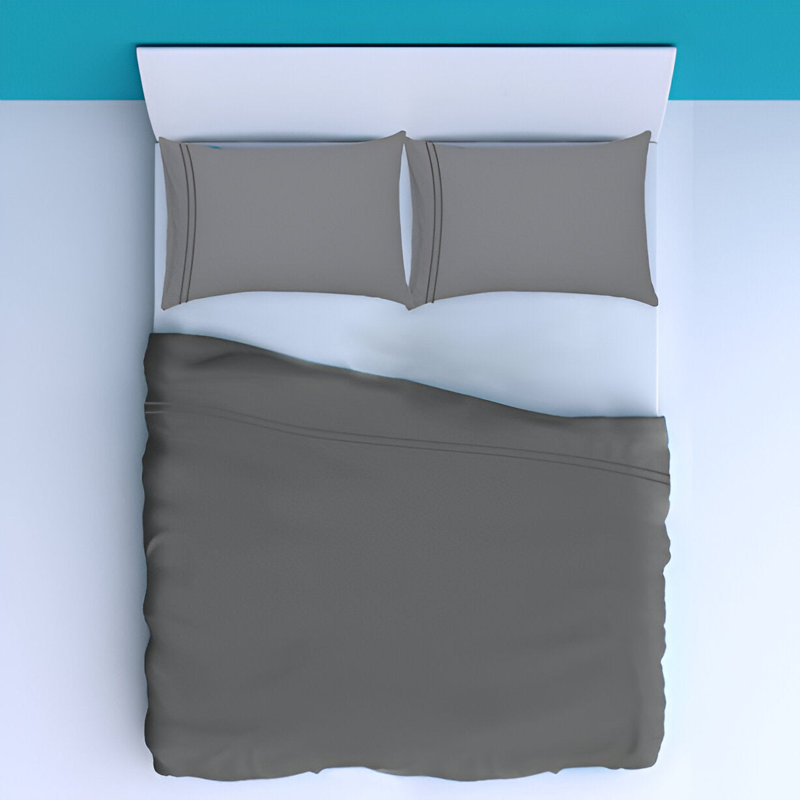 400TC Luxurious Double Embroidery Sateen Solid Cotton 4 Piece Sheet Set Fitted Sheet Fits Upto 16" Deep Pocket, Dark Gray