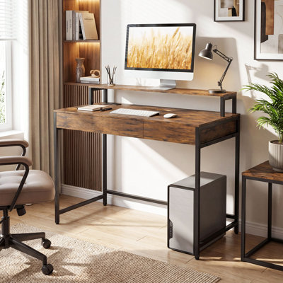 Computer Desk with Power Outlets, Compact Office Desk with Removable Monitor Shelf Rustic Brown