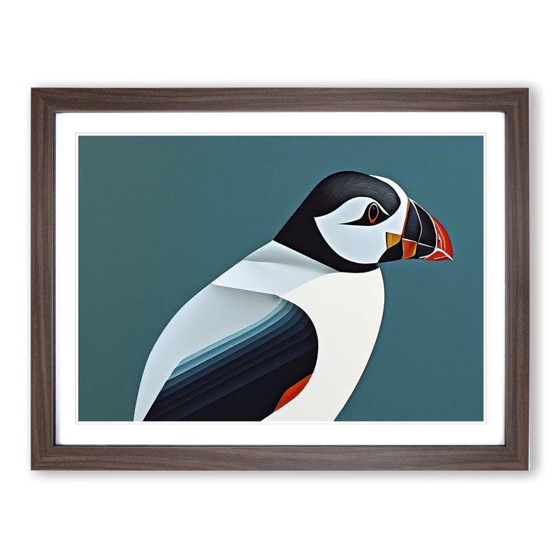Magnificent Puffin Bird - Single Picture Frame Painting, 25cm H x 34cm W x 2cm D, Walnut