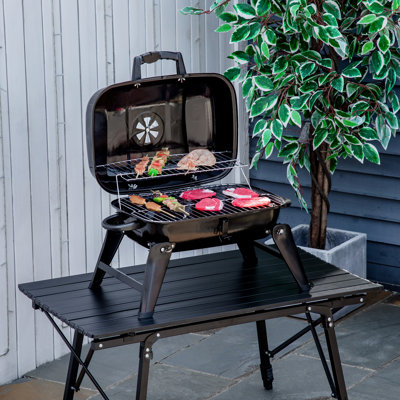 Barbecue portatif au charbon de table de table - 14 po, revêtement en émail, évent, pieds pliants, surface de cuisson de 223 pieds carrés, noir pour le plaisir en plein air