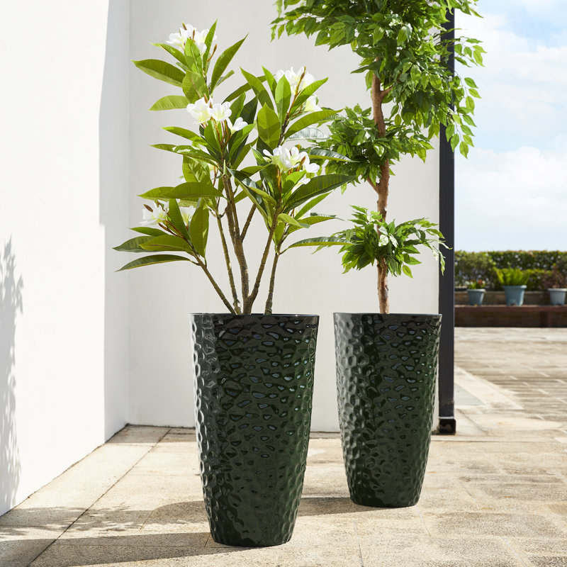 23.75"H Set Of 2 Oversized Eco-Friendly PP And Stone Honeycomb Textured Green Tall Plastic Planter, Green