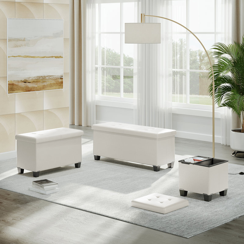 Repose-pieds en cuir Arlana, Similicuir blanc, H 15 po x l 30 po x P 15 po