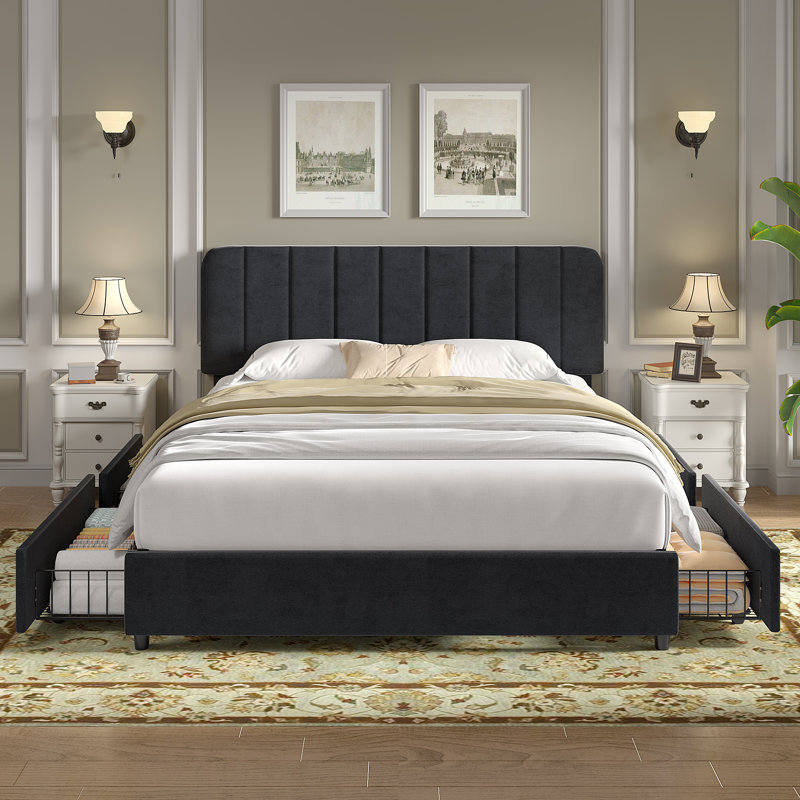 Huntsville 4-Drawer Velvet Upholstered Platform Bed, Queen, Black