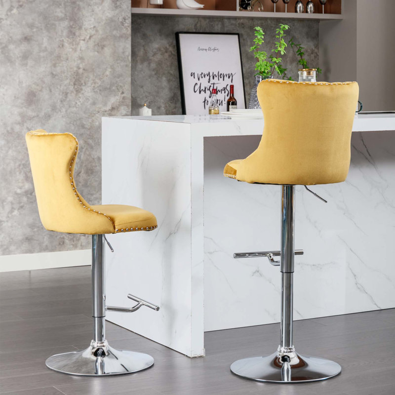 Tabourets de bar pivotants en velours, 2, Argent argent, Jaune