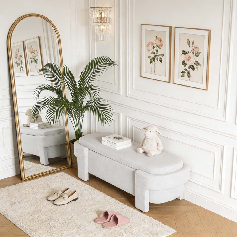 Banc rembourré avec grand espace de rangement, Blanc
