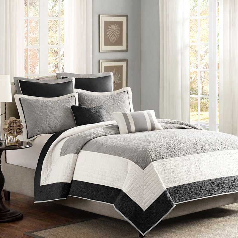 7 pièces de courtepointe très grand / très grand avec des taies décoratives européennes noires et 2 coussins relaxants, Noir