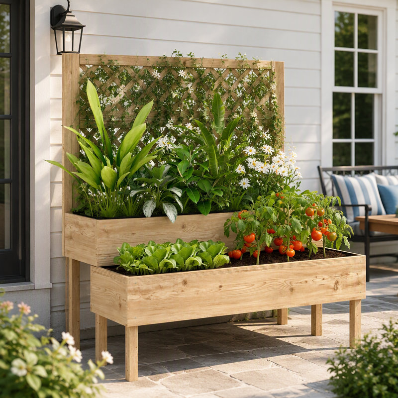Jardinière surélevée à deux niveaux avec treillis et drainage pour plantes grimpantes et herbes aromatiques