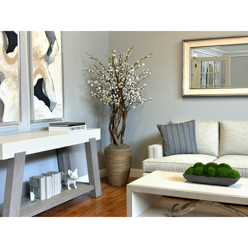 White Cherry Blossom Tree in Tan Pot, 73" H x 32" W x 32" D