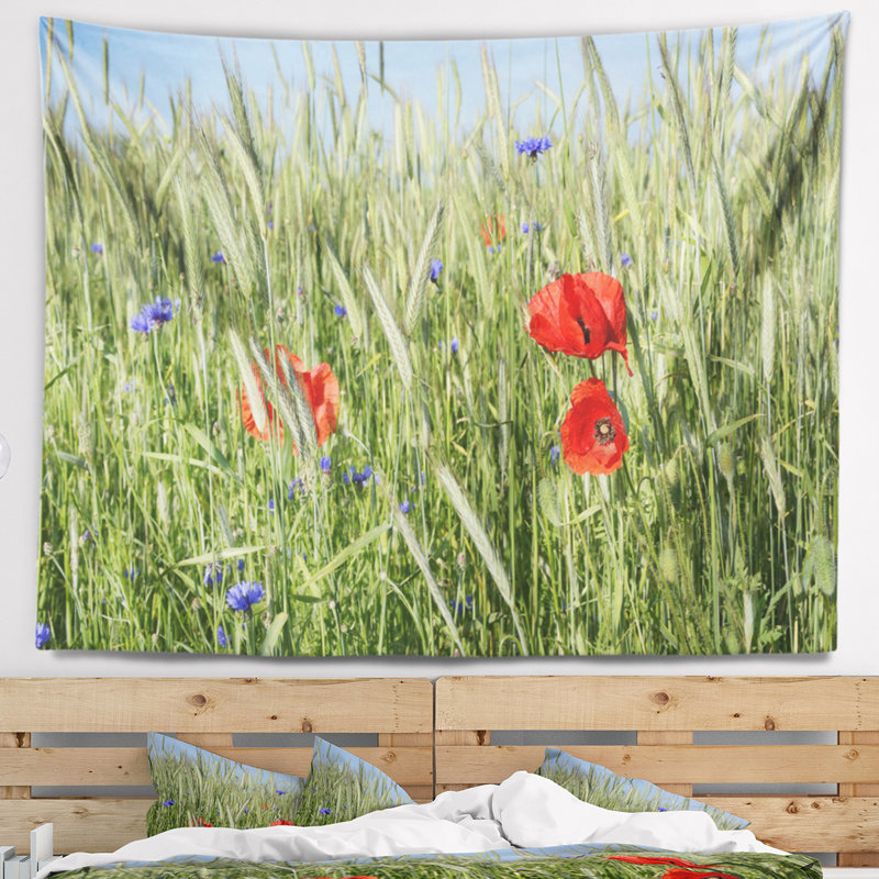 Tapisserie paysage rural avec pop-rouge, H 32 po x l 39 po
