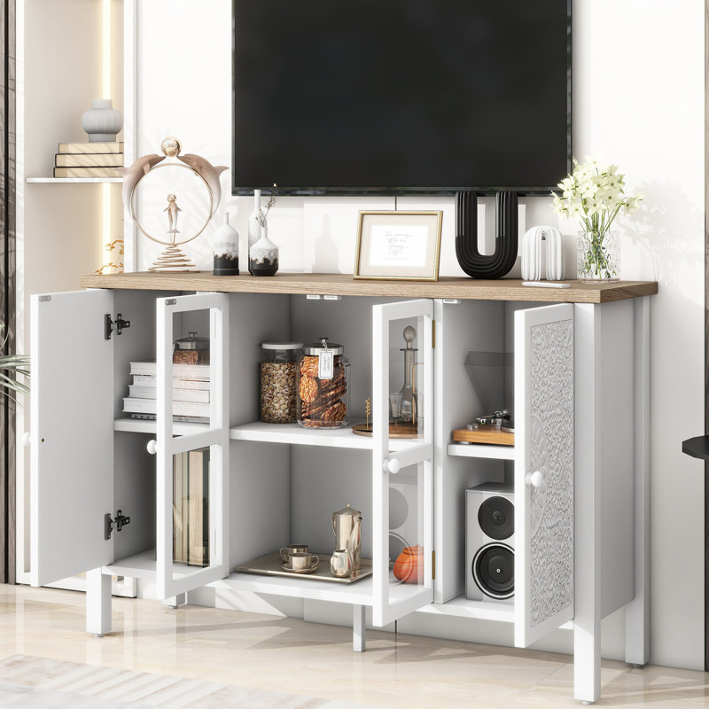 Meuble télé 47,2 po, 3 armoires, portes vitrées, pour meuble de style rétro de 43 po, Blanc