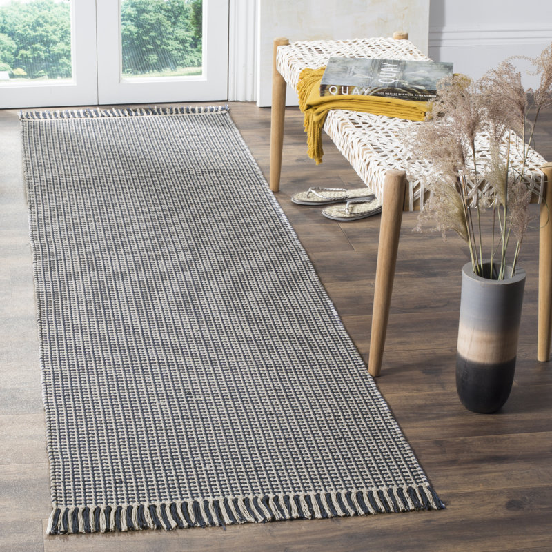 Tapis ivoire / bleu marine en coton tissé à la main Bester, Tapis de couloir 2 pi 3 po x 16 pi