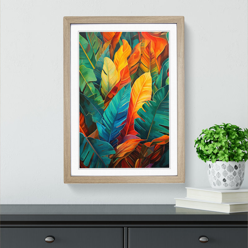 Tropical Leaf Futurism - Single Picture Frame Print on Wood, Oak Framed, 46cm H x 34cm W