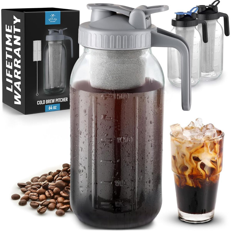 Zulay 32oz Cold Brew Maker - Mason Jar Glass, Leak-Proof Lid, Fine-Mesh Stainless Steel Filter, Gray, 8 Cups
