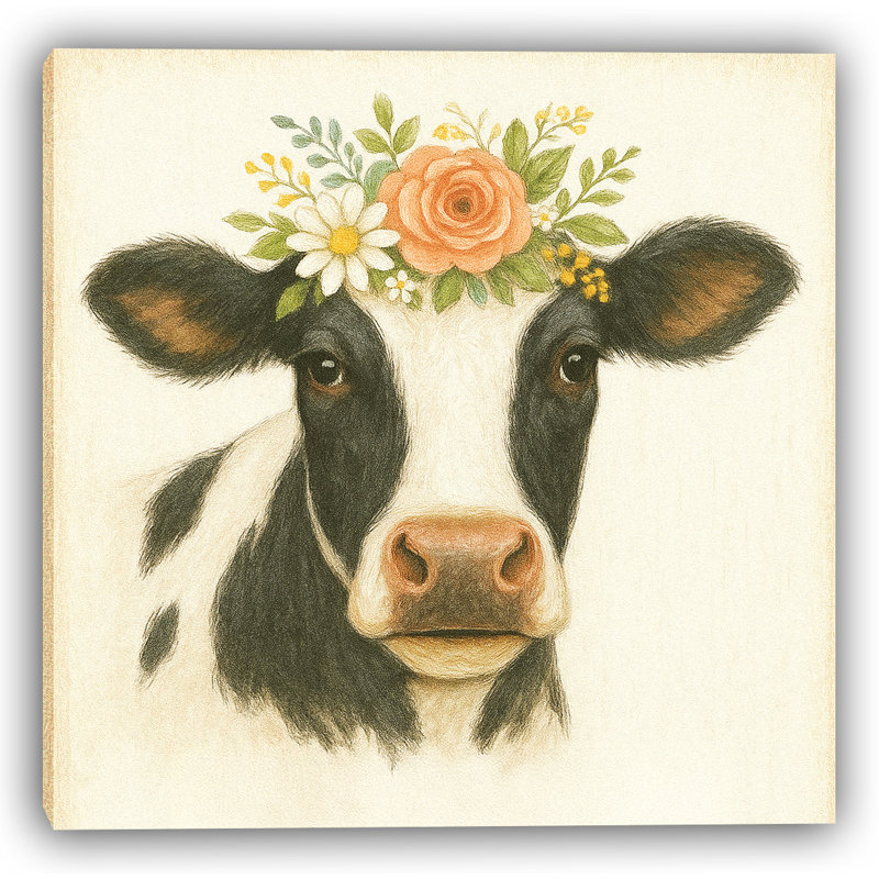 Portrait floral de vache couronne - Toile tendue, H 12 po x l 12 po