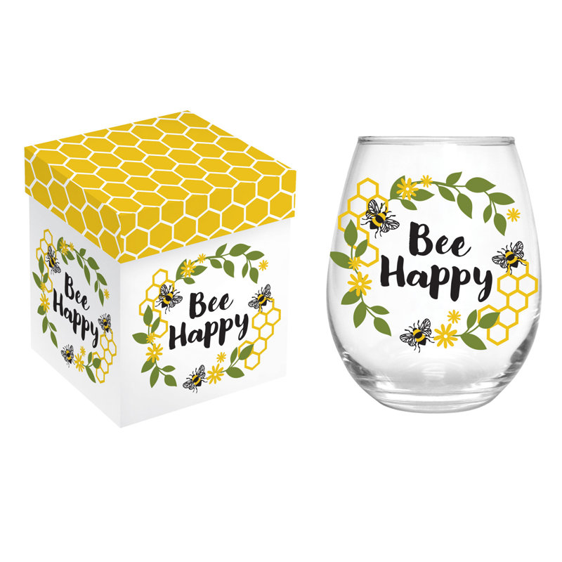 Bee Happy Stemless Glass, 17oz, Gift Box
