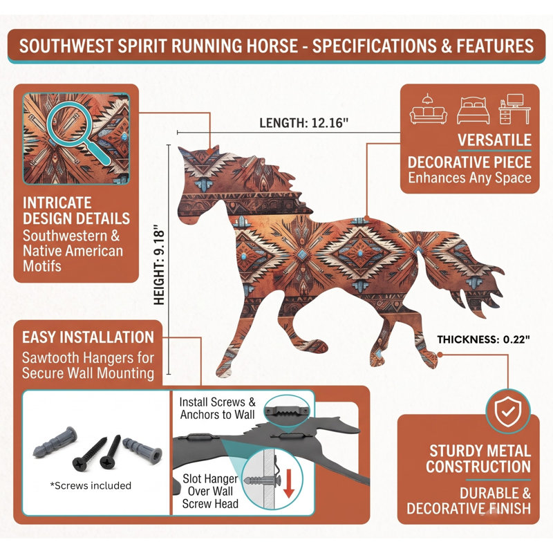 Art mural de chevaux en métal aztèque du sud-ouest