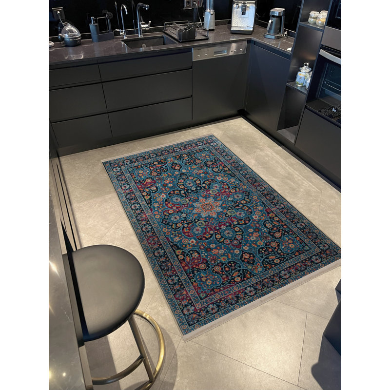 Tapis décoratif multicolore à motif floral frangé, Rectangle 3 pi 9,81 po x 6 pi 6,74 po