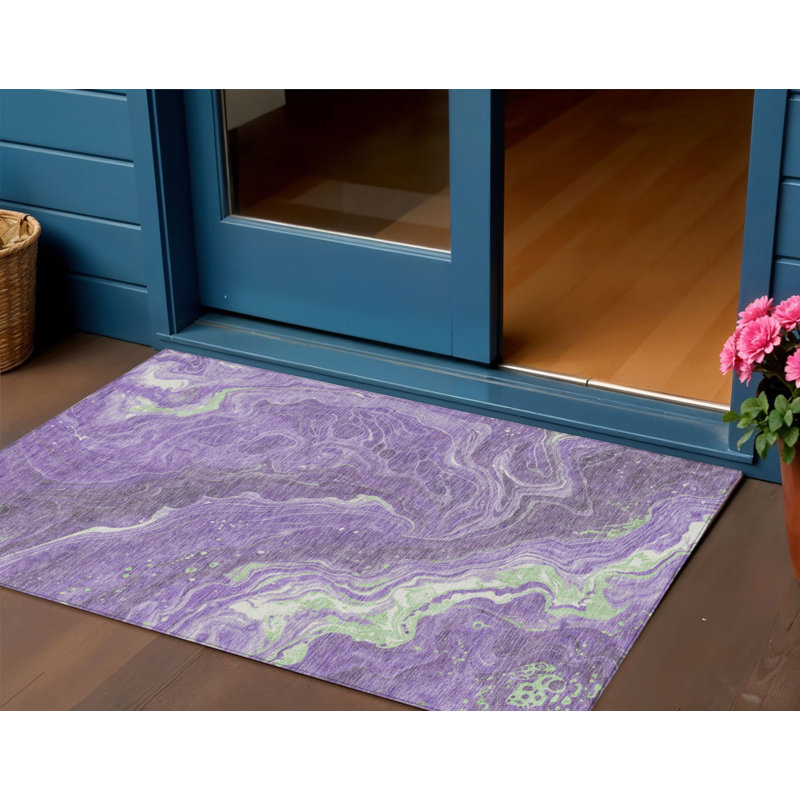 3' X 5' Purple Mint Green And Ivory Abstract Washable Indoor Outdoor Area Rug