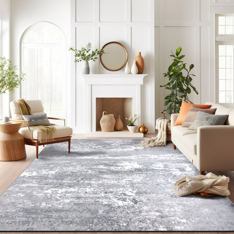 Willington Distressed Abstract White, Light Gray & Dark Gray Area Rug – Modern Contemporary Carpet, Rectangle 7'10" x 10'