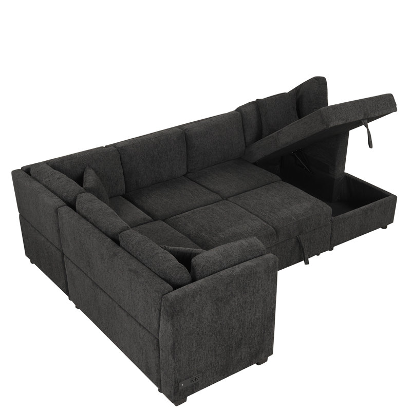 Canapé-lit modulaire en U 108,6 po avec deux ports USB, Noir