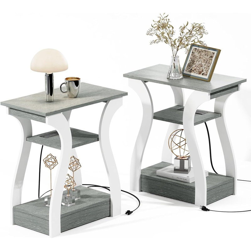 Ensemble de 2 tables de bout avec station de charge, table d'appoint à 3 niveaux avec tablette de rangement, table de chevet pour chambre à coucher et salon, finition grise